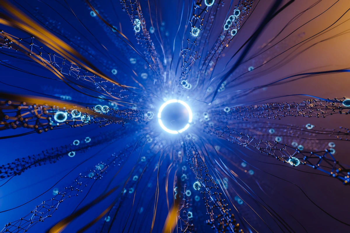 Radial blue and gold networks surrounding a bright circular center