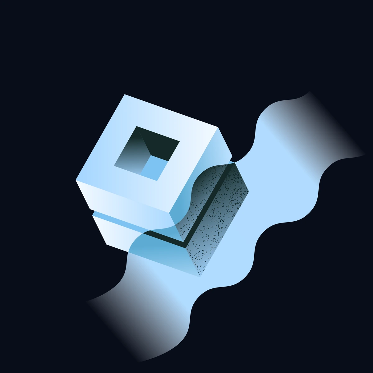A pale blue hollow layered cube with textured inner layers and curved blue sheets