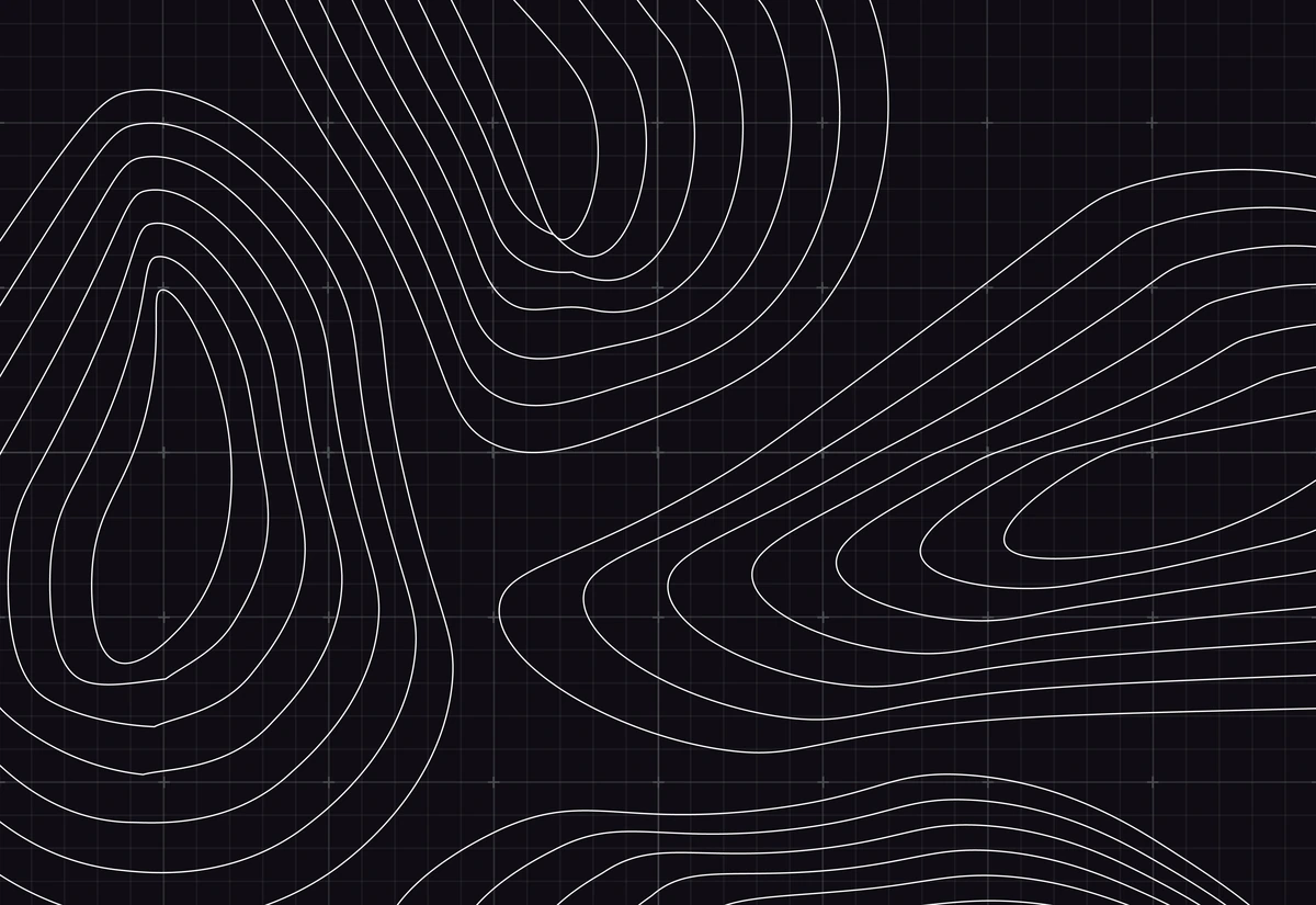 White topographic contour lines crossing a dark square grid
