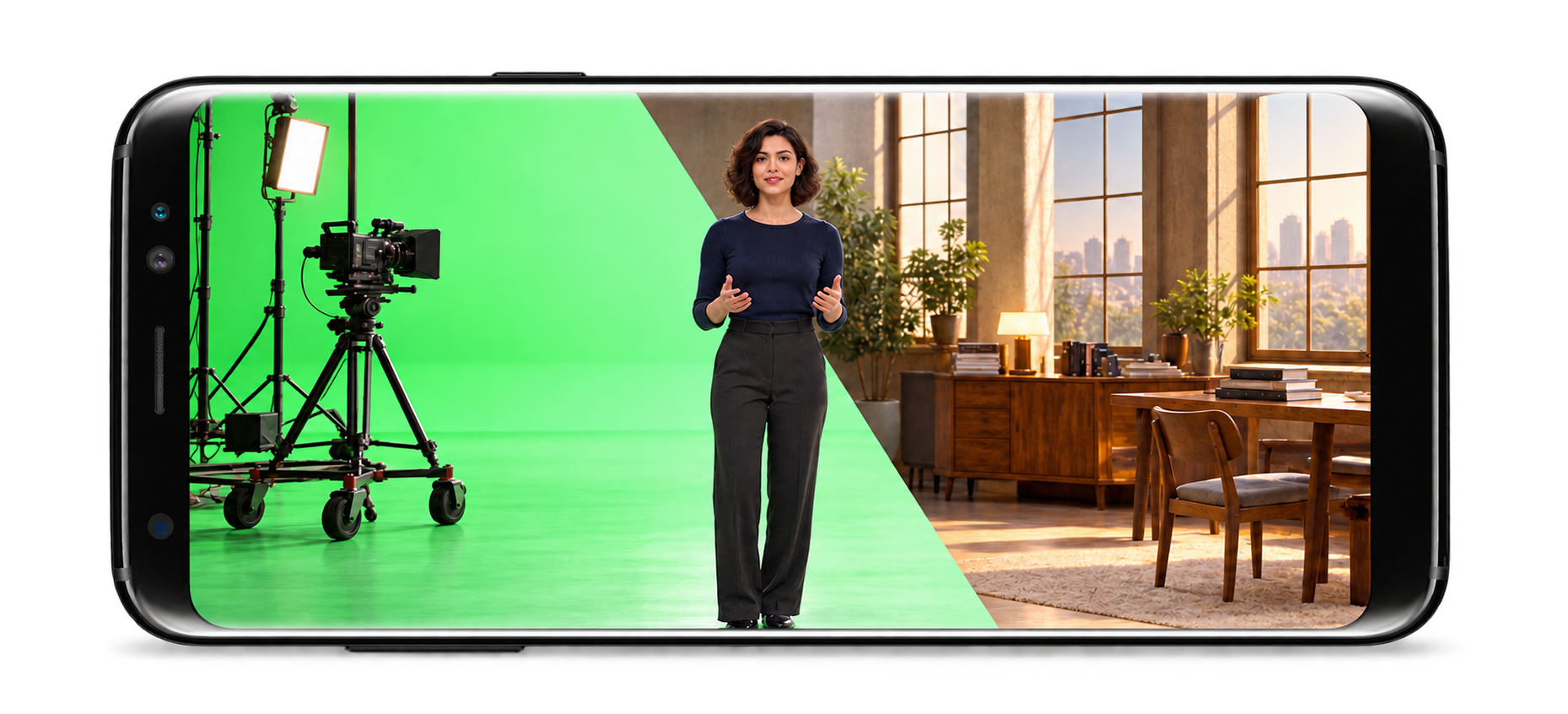 Horizontal phone illustrating a Virtual Camera scene with a green-screen stage and virtual interior